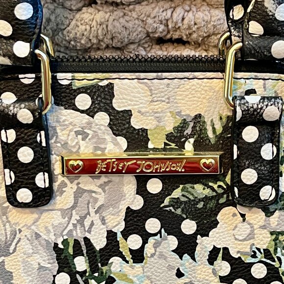 Betsy Johnson Black, White & Grey Floral Polka Dot Print Handbag - Picture 2 of 16